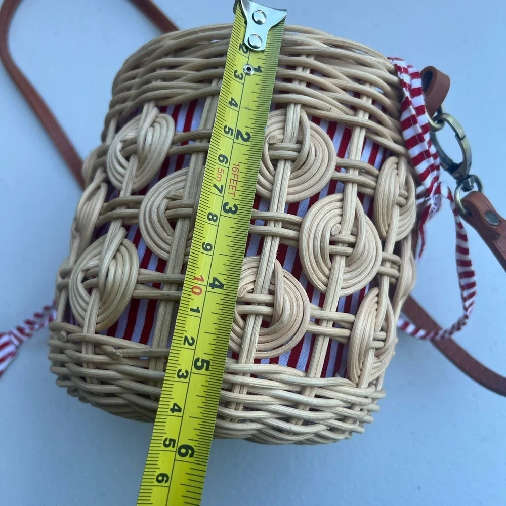 Anthropologie Woven Basket Mini Bag NWOT Rattan, Cotton lining Red/White cross - Picture 10 of 16